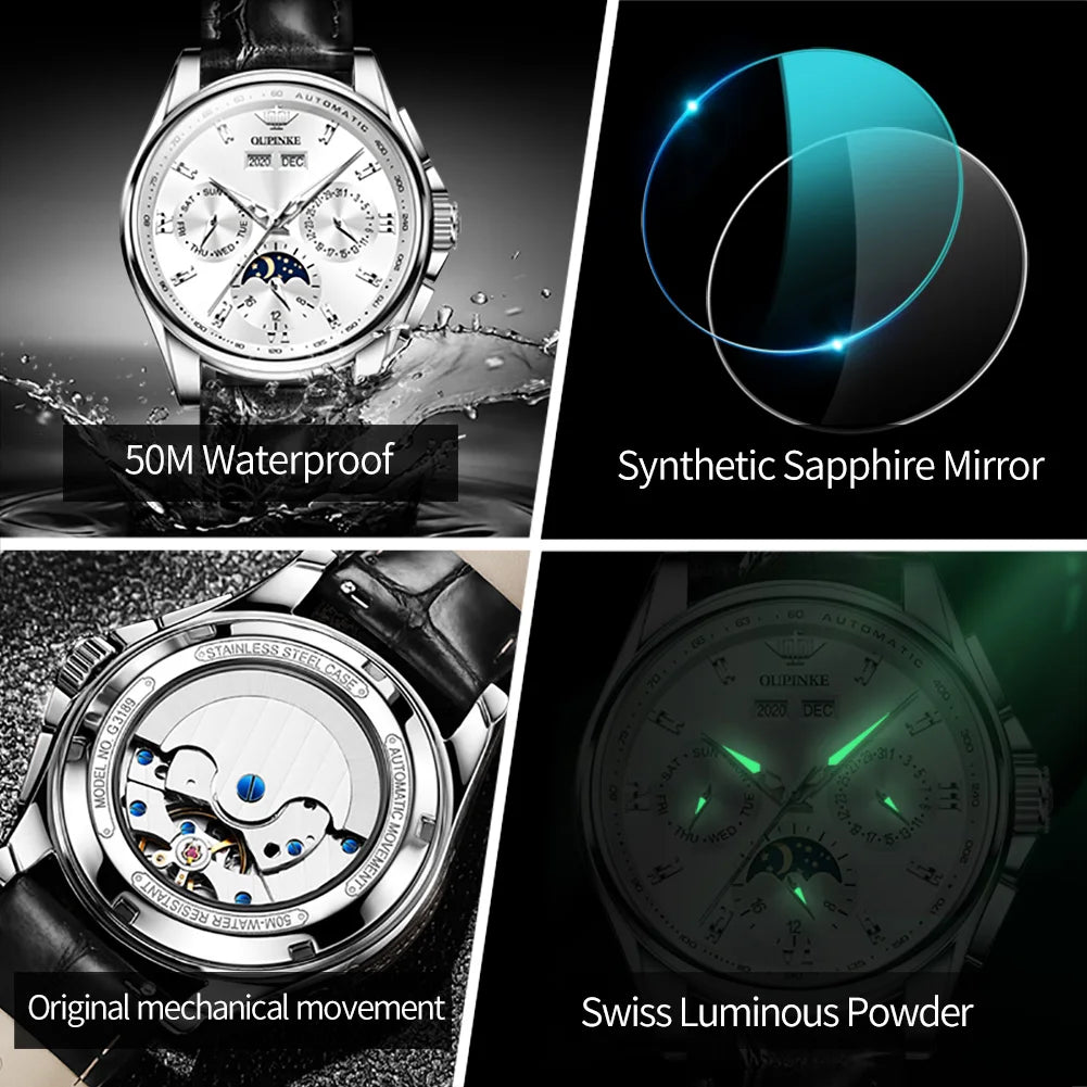 Fashion Business Mens Watches Comfortable Leather Strap Automatic Mechanical Watch Multifunctional Moon Phase Wristwatch