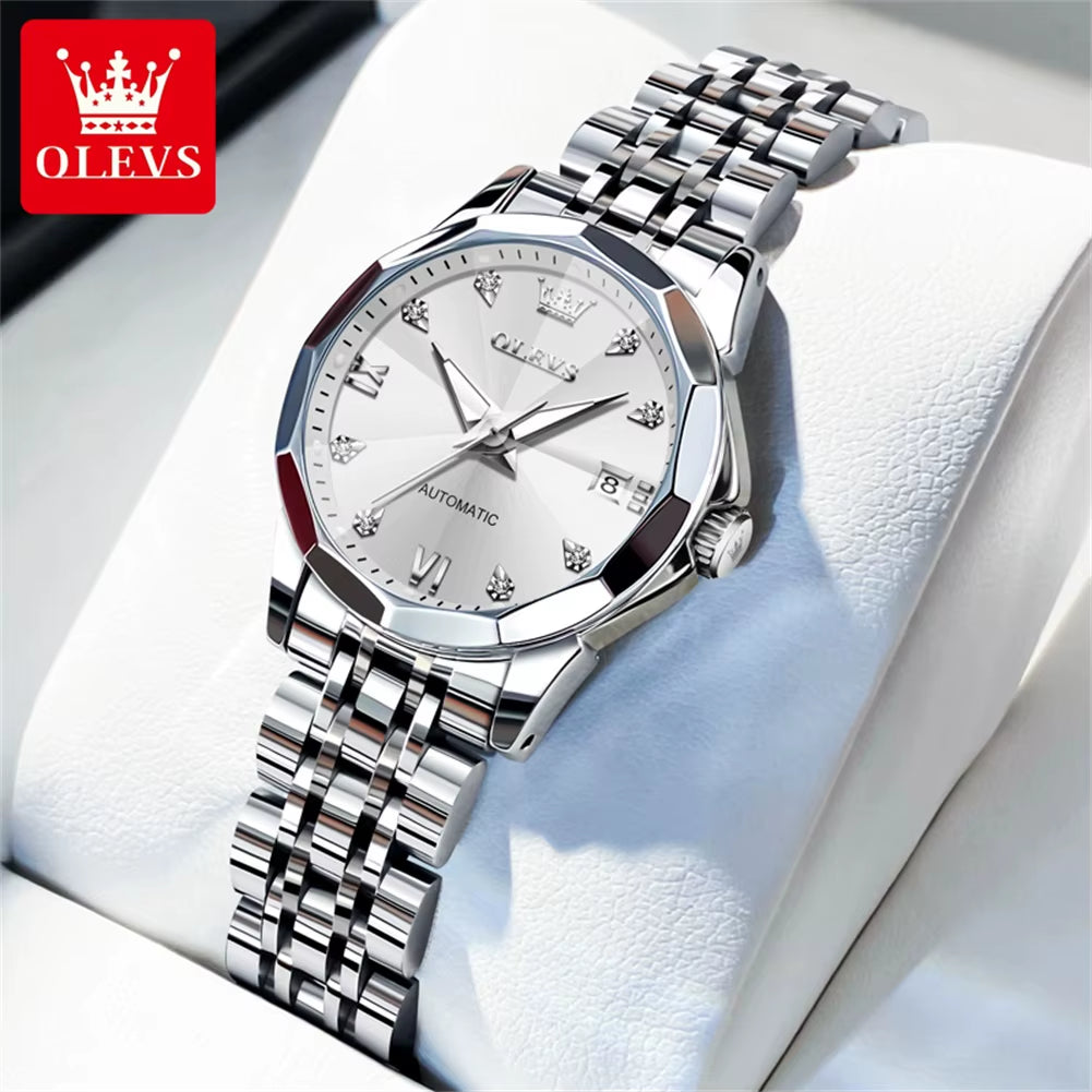 Automatic Watch for Woman 9982 Stainless Steel Mechanical Wristwatch Luxury Brand Waterproof Rhombus Mirror Ladies Watches