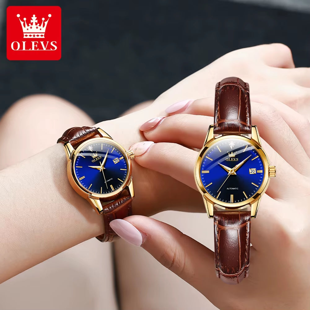 OLVES Original Women Watch Automatic Movement Wristwatches for Women Mechanical Elegant Fashion Watches Leather Strap Waterproof