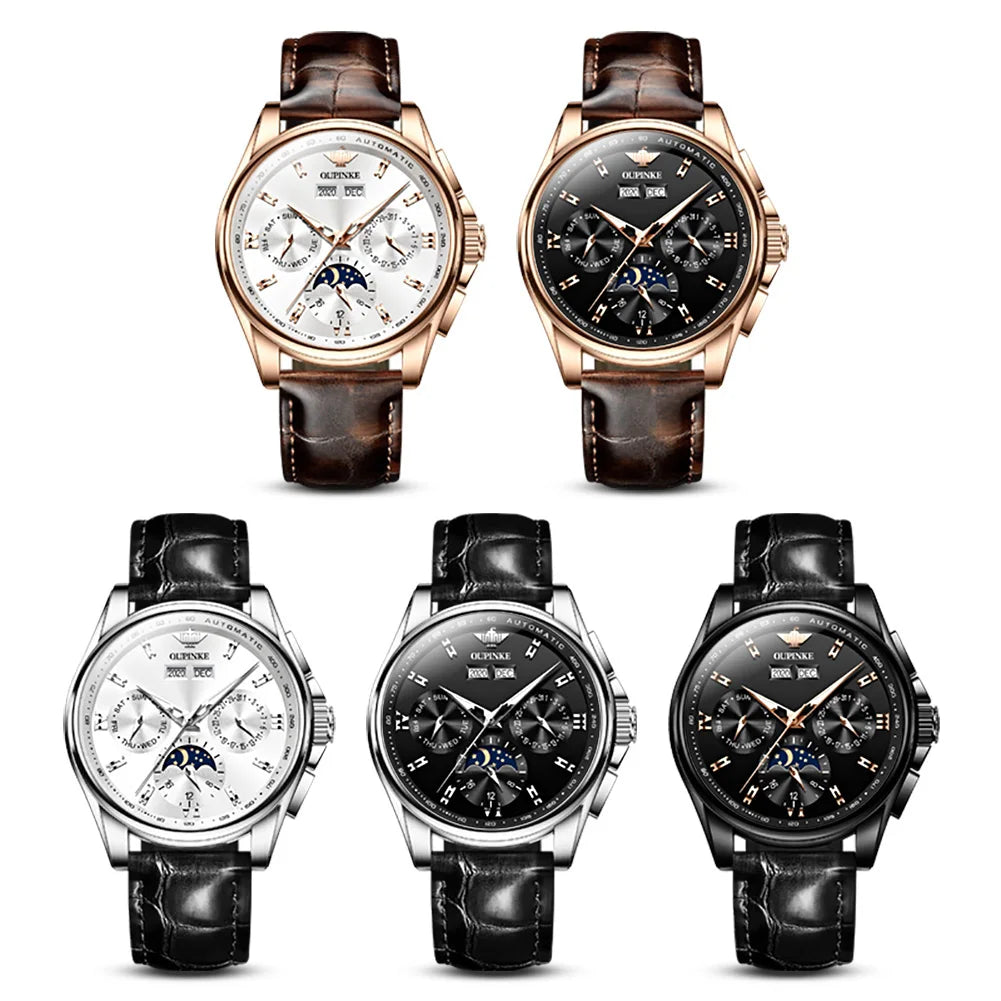Fashion Business Mens Watches Comfortable Leather Strap Automatic Mechanical Watch Multifunctional Moon Phase Wristwatch