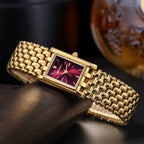 Gold Watch for Women Burgundy Red Fashion Casual Women Watches Stainless Steel Square Luxury Ladies Quartz Wristwatches